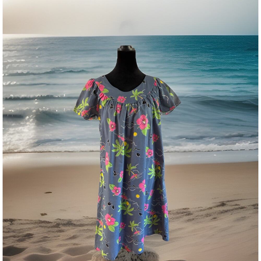 VTG 70s Made in Hawaii Mumu Dress – Small Blue Tiki Party Luau Lounge Resortwear